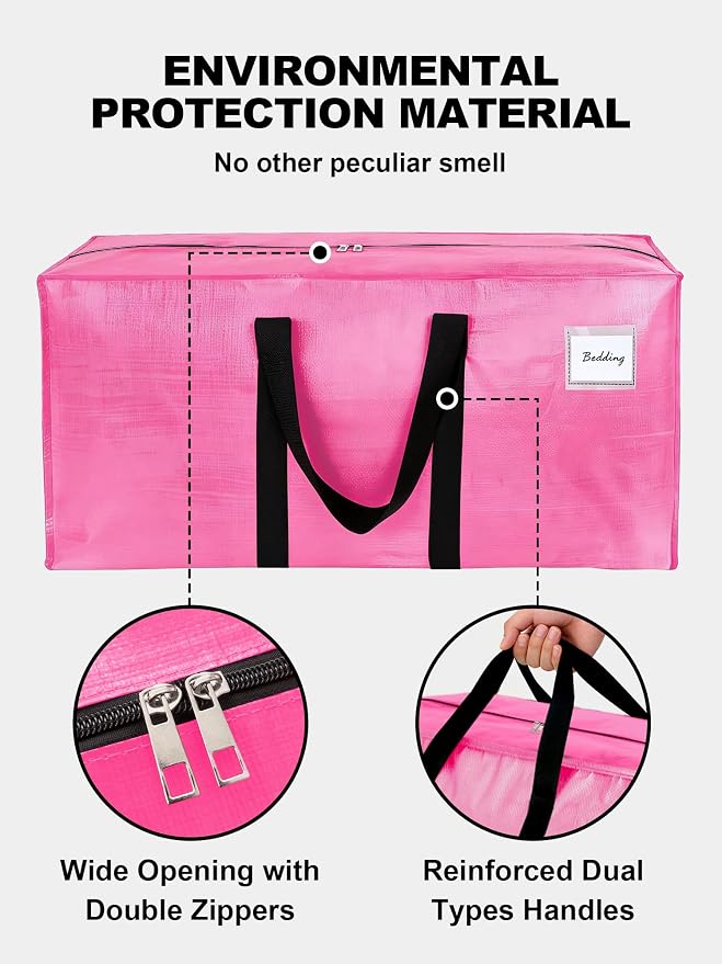 HOMESURE Supports 200lbs Heavy Duty Moving Bags - Strong Zipper & Wrap-Around Handles - Water-Resistant Storage Totes, Durable Alternative to Moving Boxes - 8 Pack - Pink - Image 7