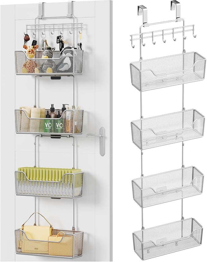 HapiRm Over The Door Organizer - Hanging Door Organizer with 4 Metal Large Capacity Baskets and Adjustable Coat Hook for Bathroom Bedroom Kitchen Pantry Closet Cabinet by HapiRm