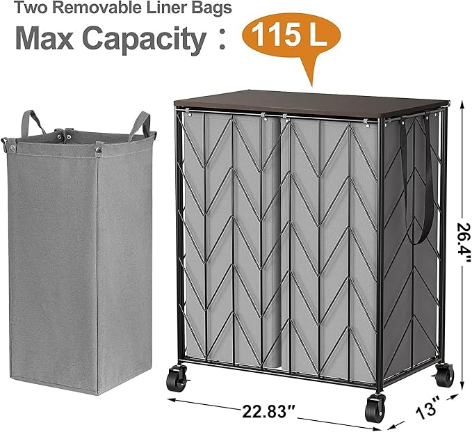 WOWLIVE Double Laundry Hamper with Lid, Rolling Laundry Basket with Wheels - Image 4