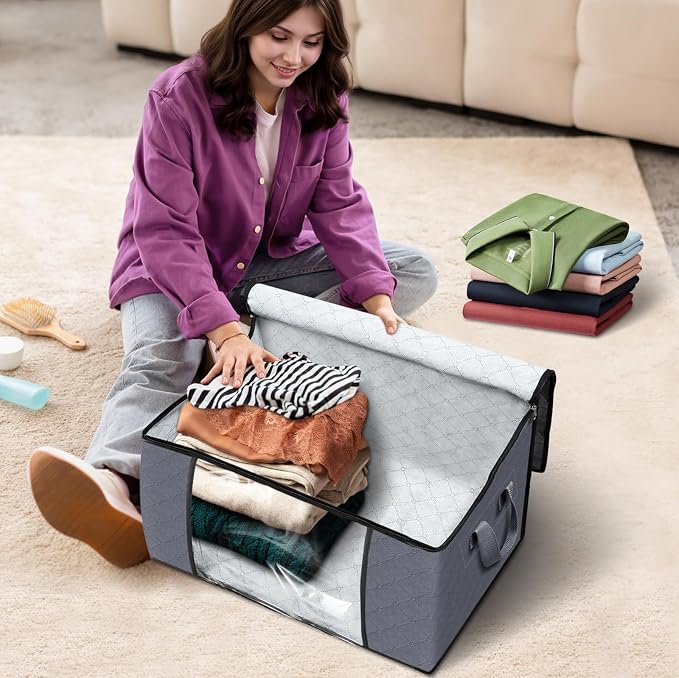Fab totes 3 Pack Storage Bags for Clothes Blanket Storage Bins with Lids | Foldable Closet Organizers with Zippers,Window and Handles,Fabric Storage Bins for Sweater,Comforter,Bedding,Dorm essentials - Image 4