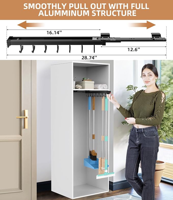 Pull Out Broom Holder With Adjustable Double Row Sliding Hook, Multifunctional Slide Broom And Mop Storage/Organizer Garage Organization Hooks, for Closet Laundry - /16.14inch - Image 2