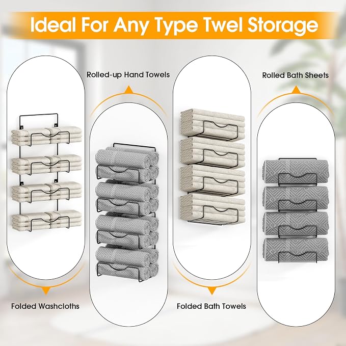 Towel Racks for Bathroom,Towel Rack Wall Mounted, 6 Tier Rolled Or Folded Towel Holder with Floating Shelves, Bathroom Towel Holder for Bath, Hand Towels,Metal,Walnut Wood Panel - Image 5