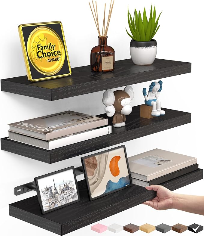 BAYKA Floating Shelves for Wall, Wall Mounted Rustic Wood Shelves for Bathroom, Bedroom, Living Room, Kitchen, Hanging Shelf for Books/Storage/Room Decor with 22lbs Capacity (Black, Set of 3, 15.7in) by Bayka