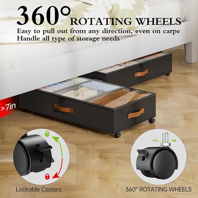 Yecaye Under Bed Storage with Wheels, 2 Pack Under Bed Storage Containers with Adjustable Dividers & Clear Window, Rolling Underbed Organizer Bins Drawers for Clothes, Shoes, Blankets, Black - Image 4