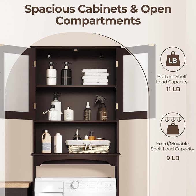 Yaheetech Over the Toilet Storage Cabinet with Glass Doors, Espresso - Image 6