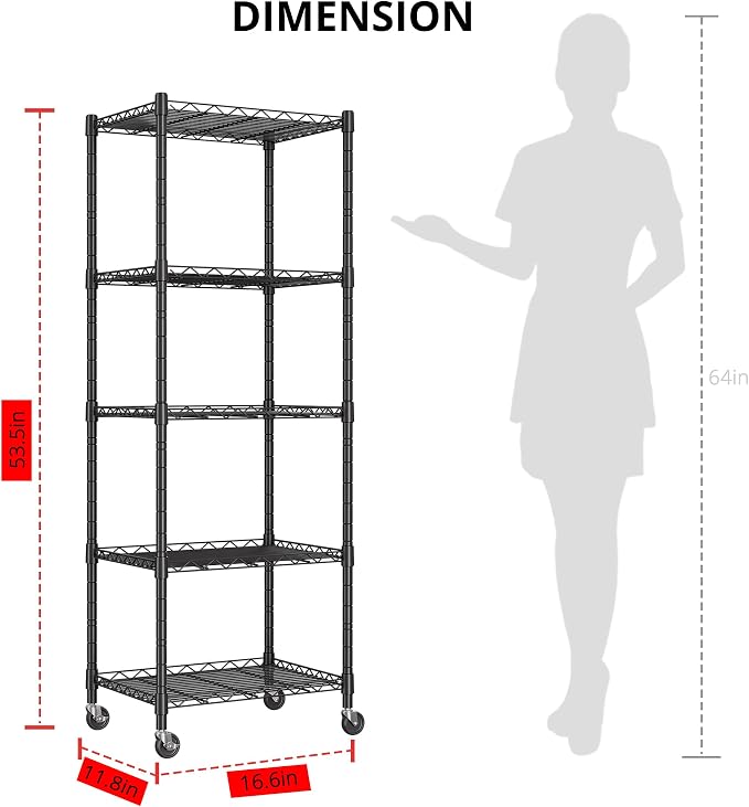 REGILLER 5-Wire Shelving Metal Storage Rack Adjustable Shelves,Standing Storage Shelf Units for Laundry Bathroom Kitchen Pantry Closet(Black,11.8" D x 16.6" W x 53.5" H,With Wheels) - Image 3