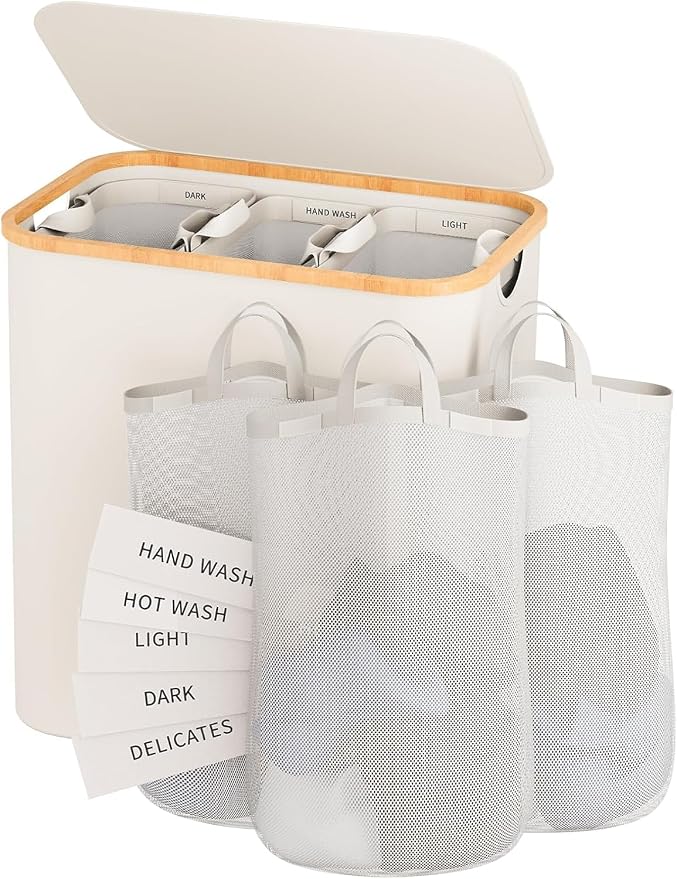 160L Laundry Hamper with Lid, 3 Section Laundry Basket with 3 Removable Bag by Bathola