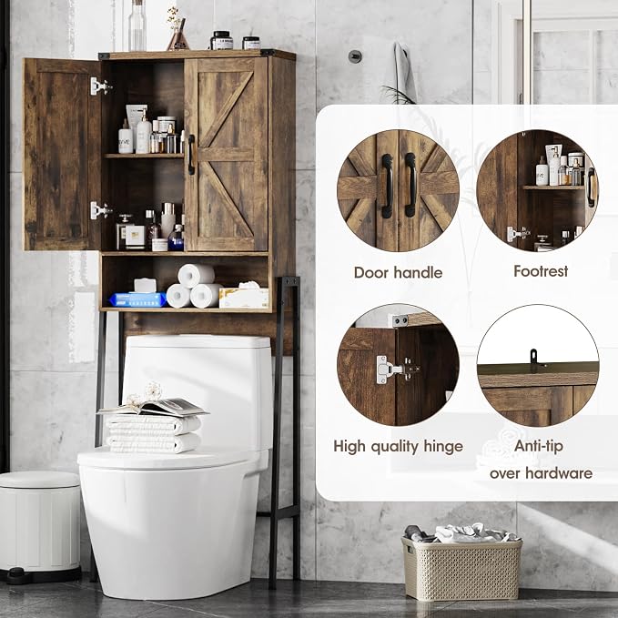 Vabches Over The Toilet Storage Cabinet with 2-Door Design Bathroom Organizers and Storage with Anti-Tip Device Over Toilet Organizer with Shelves for Bathroom,Restroom,Laundry Brown - Image 4