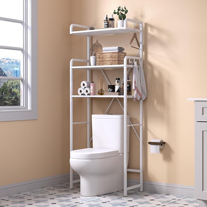 Huhote Over The Toilet Storage Rack with 3-Tier Bathroom Shelves, Space Saver Toilet Shelf, Bathroom Storage Organizer with Hooks for Over Toilet Storage and Bathroom Shelf (White Faux Marble) by Huhote