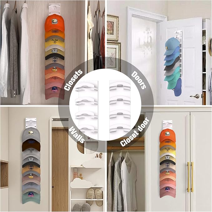 Hat Organizer for Baseball Caps 2Pack, Hat Rack for Wall with Strong Adhesive Hold up to 20 Hats, Hat Hanger Holder Display for Door Closet, Cap Organizer Storage Multilayer Two Mounting Option(White) - Image 5