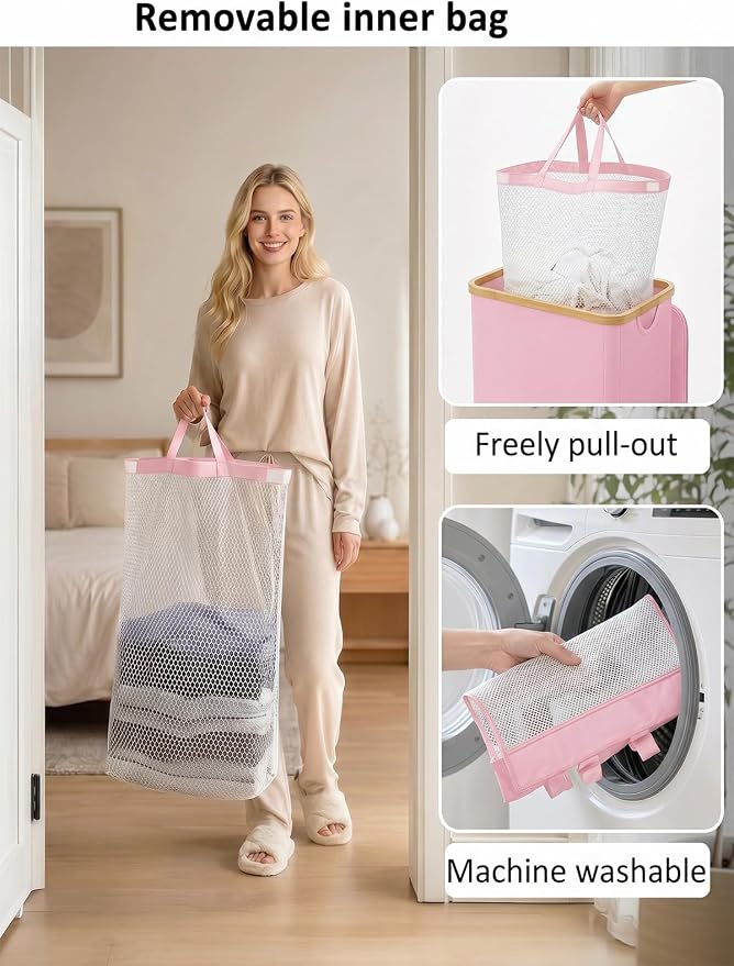 IEGrow Laundry Hamper with Lid,110L Laundry Basket with Mesh Bags,Pink - Image 5
