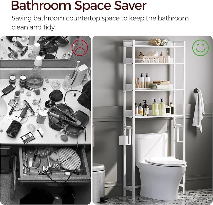 MAHANCRIS Over The Toilet Storage Rack, 4 Tier Bathroom Organizer Over Toilet, Freestanding Space Saver Toilet Stand with 2 Hooks, Bathroom Storage Shelf, Easy to Assemble, White TSBW0401 - Image 5