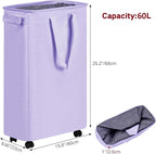 efluky Slim Laundry Hamper with Wheels, Rolling Laundry Basket for Clothes, Small Laundry Basket for Bedroom, Dorm and Laundry Room, 60L (12.7 Gallons) Purple - Image 2
