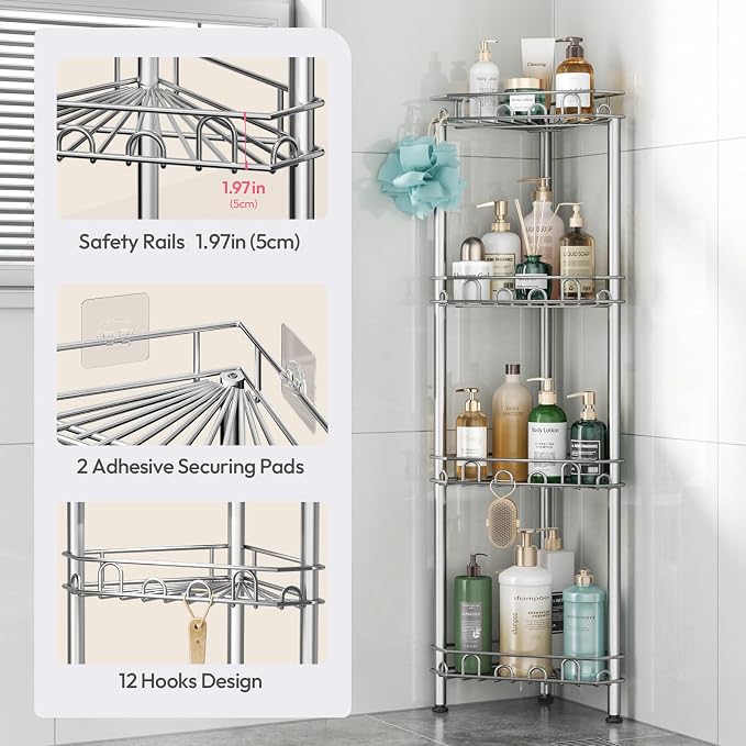 SWTYMIKI Standing Shower Caddy Corner - 4‑Tier Stainless Steel Shower Organizer Shelf with 12 Hooks and Adhesive Pads, Rustproof Corner Shelves Stand Rack for Bathroom Shower Room, Silver - Image 4