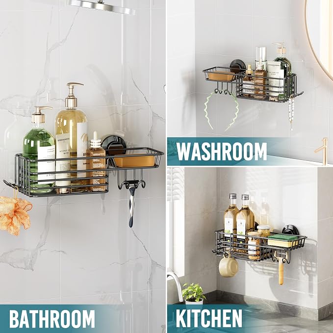 TAILI Shower Caddy Suction Cup with Hooks and Soap holder, Black - Image 4