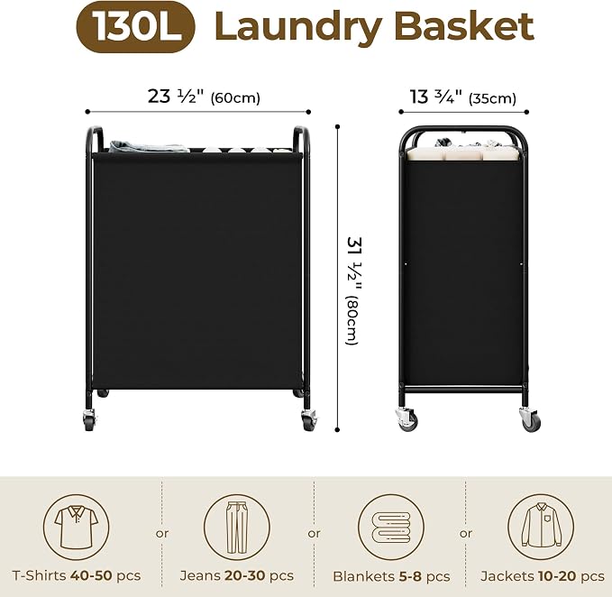 GRANNY SAYS 2 Section Laundry Sorter, 130L Large Hamper Basket with Wheels - Image 2