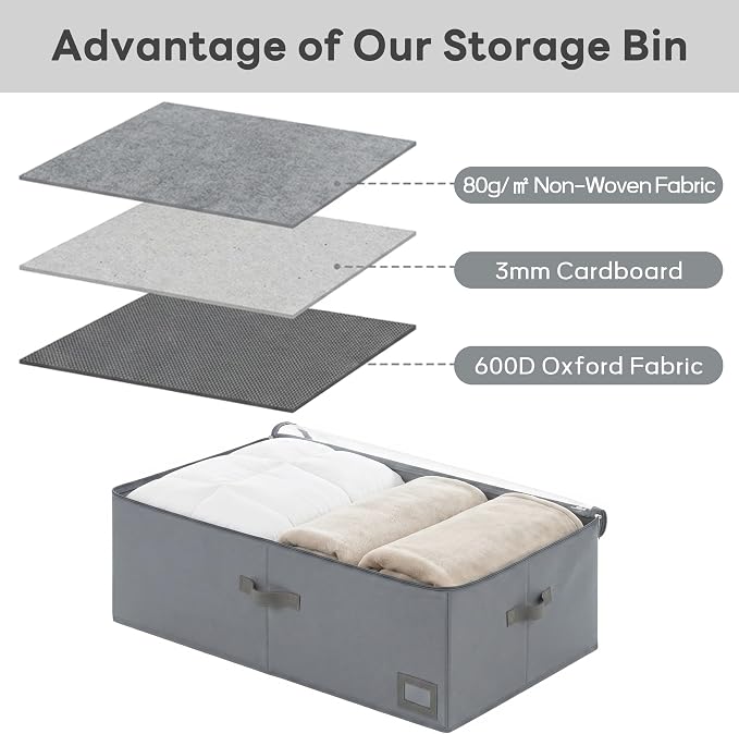 10" High Capacity Under Bed Storage Bins (2-Pack, Charcoal Grey), Deep 600D Heavy Duty Oxford Fabric Organizer Containers with Matching Vegan Leather Handles for Comforters, Pillows & Blankets - Image 4