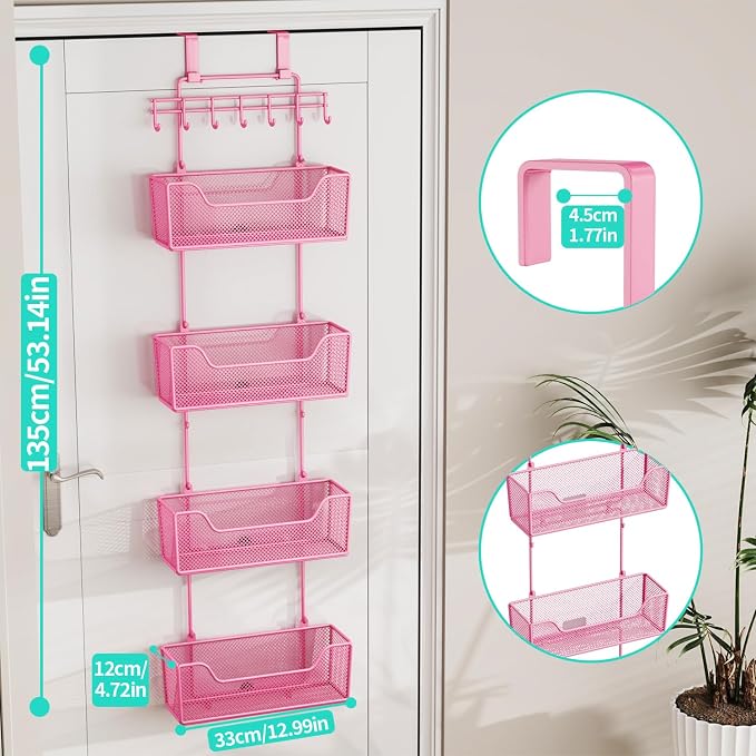 HapiRm Over Door Organizer Storage - Hanging Door Organizer with 4 Metal Large Capacity Baskets and Adjustable Coat Hook for Bathroom Bedroom Kitchen Pantry Closet Cabinet - Image 3