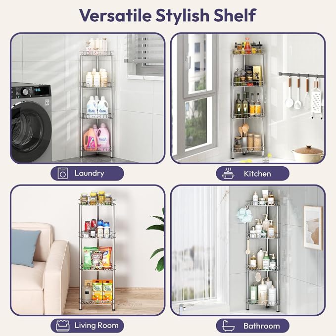 SWTYMIKI Standing Shower Caddy Corner - 4‑Tier Stainless Steel Shower Organizer Shelf with 12 Hooks and Adhesive Pads, Rustproof Corner Shelves Stand Rack for Bathroom Shower Room, Silver - Image 6