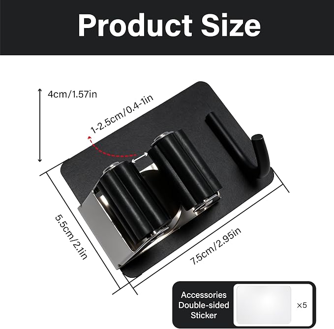 5 Pack Broom and Mop Organizer Wall Hanging, Adhesive Broom Holder, Black - Image 2