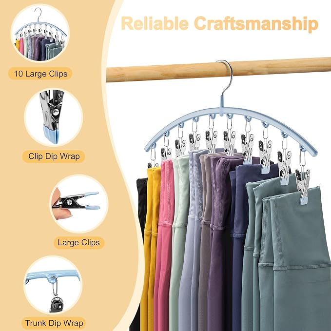 Volnamal Legging Organizer for Closet, Metal Yoga Pants Hanger w/Rubber Coated 2 Pack w/10 Clips Hold 20 Leggings, Hangers Space Saving Hanging Closet Organizer for Closet Organizers and Storage, Blue - Image 6