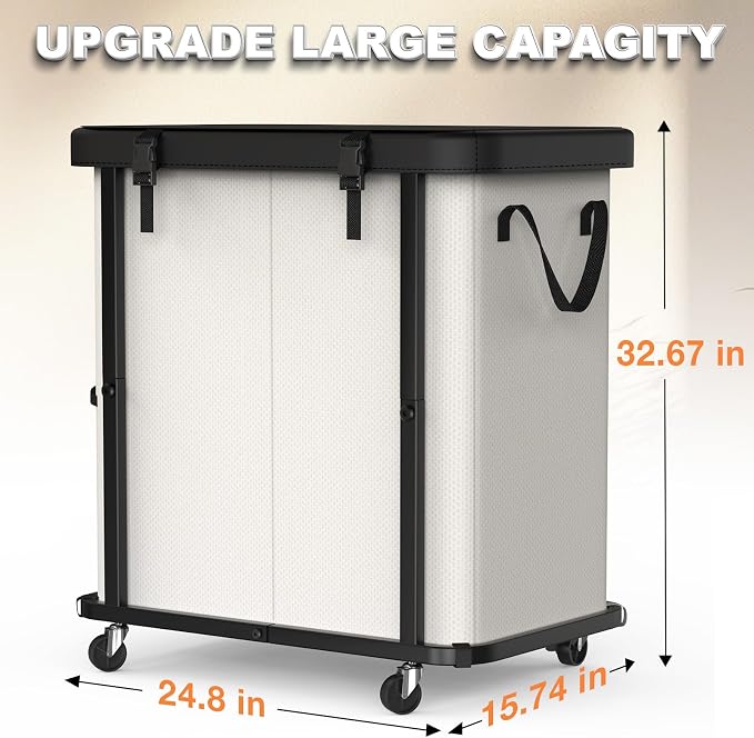 Laundry Basket with Wheels,190L (50 Gal) Laundry Hamper 2 Setion - Beige - Image 6