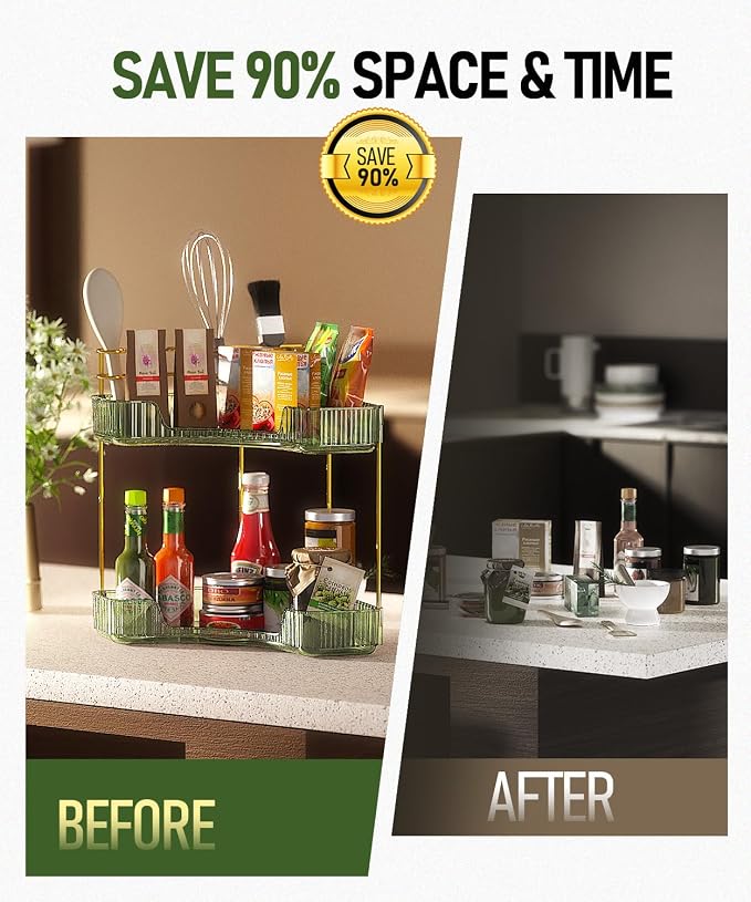 EUHOME 2-Tier Corner Bathroom Counter Organizer Makeup Cosmetic Storage, Tool-Free Installation Acrylic Vanity Shelf, Skin Care Organizer Perfume Tray for Countertop Bathroom, Dresser, Kitchen (Green) - Image 7