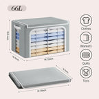 Yecaye Large Clothes Storage Bins with Metal Frame, Grey, 66L, 3 Pack | Foldable, With Lid, Stackable, Clear Window & Zippers & PU Leather Handles - Image 2