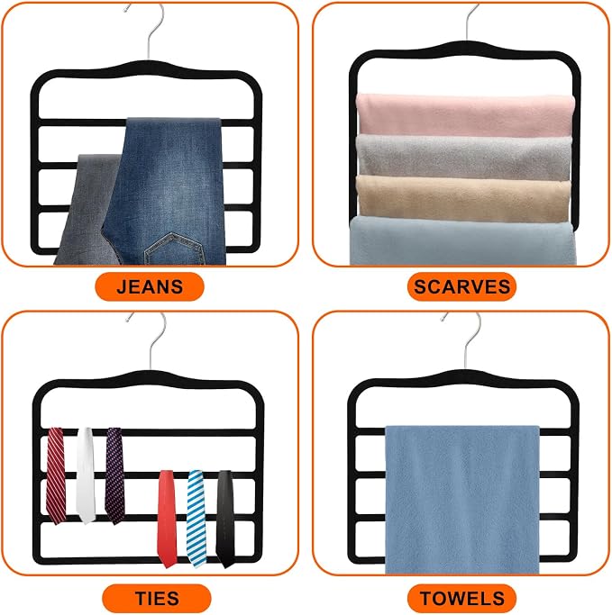 4 Pack Space Saving Velvet Pants Hangers, Dorm Room Essentials, Non-Slip Multi-Tier Closet Organizer for Jeans & Slacks, Maximize Wardrobe Storage with Multi-Purpose Rack for Shorts, Scarves & Ties - Image 7