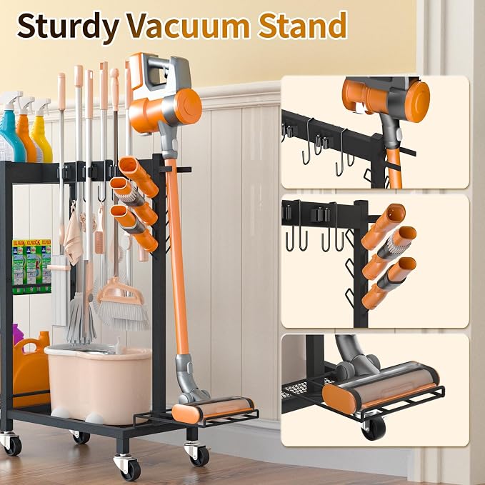 Broom Holder with Cleaning Supplies Organizer, 30.7"Wx11.8"Dx34.6"H - Image 5