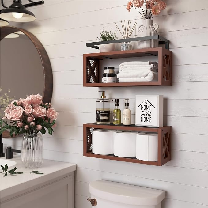 RICHER HOUSE Floating Wood Shelves with Guardrail, Rustic Brown, Wall Mounted, 2 Shelves, Farmhouse Style - Image 2