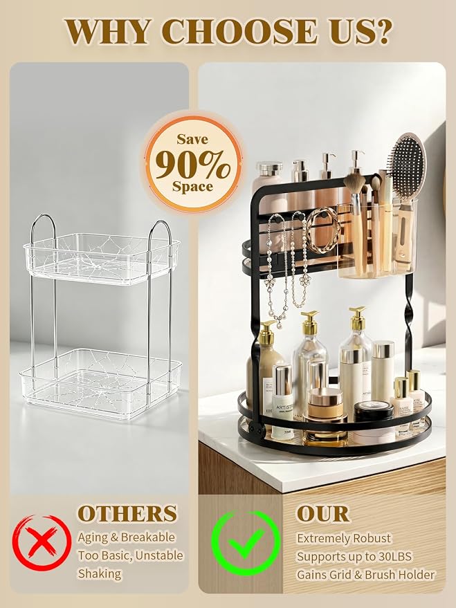 360 Rotating Makeup Vanity Organizer,Black 2-Tier Perfume Organizer - Image 7
