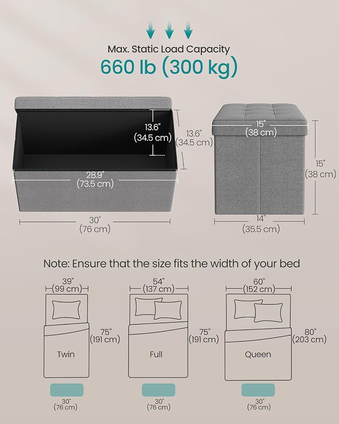 SONGMICS 30 Inches Folding Storage Ottoman Bench, Load 660 lb | Ottoman Foot Rest, Storage Chest, for Living Room, Entryway, Dove Gray and Ink Black, MINOTA Collection ULSF47G - Image 3