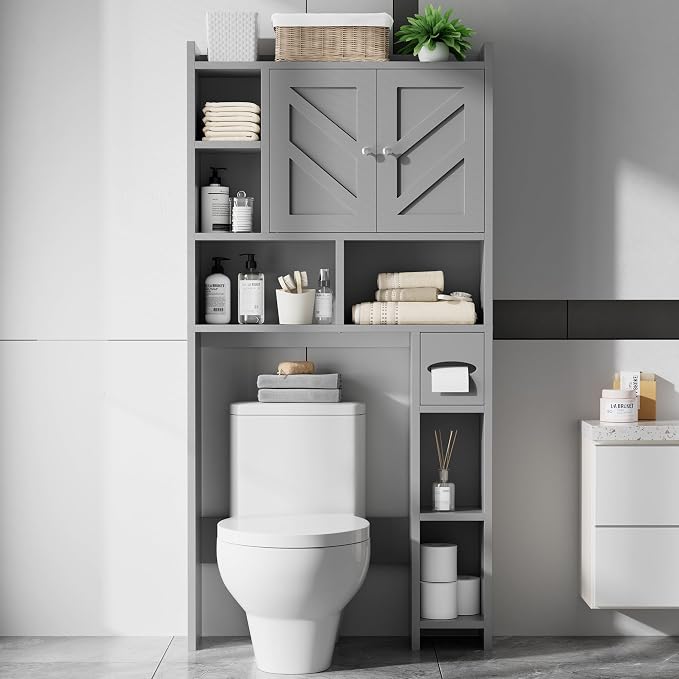 Over the Toilet Storage Cabinet, Freestanding Farmhouse Storage Cabinet Over Toilet, Bathroom Organizer with Paper Holder Stand and Adjustable Shelf, Grey - Image 3