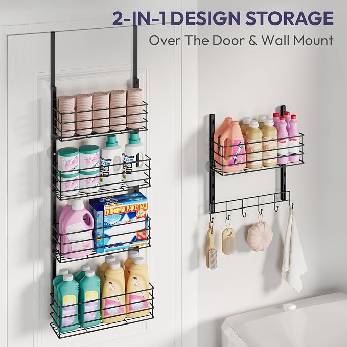 SWTYMIKI Over The Door Organizer - Door Organizer Hanging with 5 Adjustable Metal Large Capacity Basket and 6 Coat Hook, Wall Mounted Shelf for Bedroom Closet Bathroom Laundry Pantry Cabinet Kitchen - Image 7