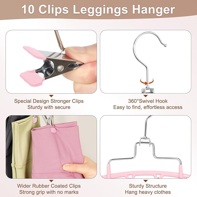 TOPIA HANGER 4 Pack Gym Clothes Organizer, 2 Pack Tank Top Hangers with 2 Pack Leggings Hangers Space Saving Hang 20 Sets Tank Top Bra with Leggings Shorts Pants for Closet Women Pink CT78P - Image 8