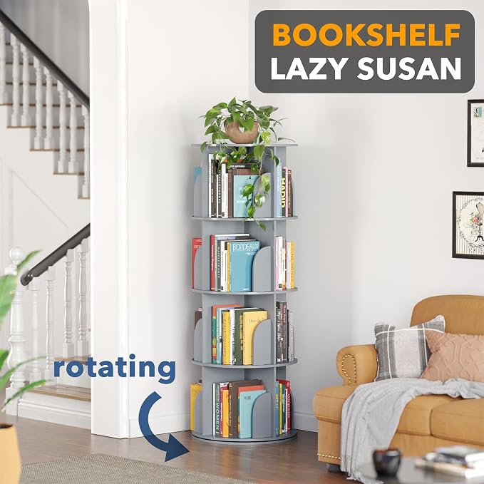 SpaceAid 4 Tier Rotating Bookshelf Tower, Spinning Bookcase Lazy Susan, Revolving 360 Book Shelf Storage Round Carousel, Vertical Rotate Turning Spiral Corner Organizer, Gray - Image 4