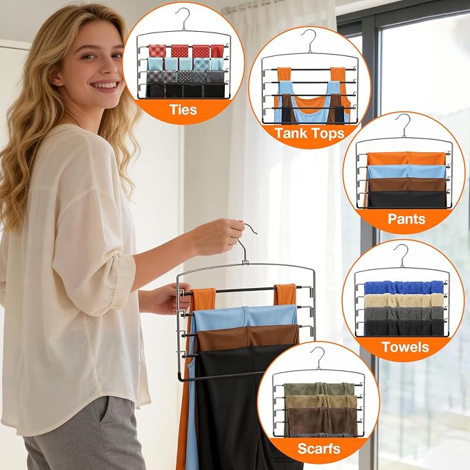 Korpai 3-Pack Pants Hangers Space-Saving Multi-Layer,150° Rotate Metal Swing Arm Non Slip Rubber Coating,Closet Organizers and Storage 360 Swivel Top Hook for Jeans,Trouser,Slacks,Skirt,Scarfs,Towels - Image 4