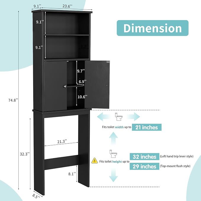 Shintenchi Over the Toilet Storage Cabinet, Bathroom Above the Toilet Rack, Bathroom Adjustable Shelf Organizer with Open Bottom Bar and Anti-Tip Device, Black - Image 2