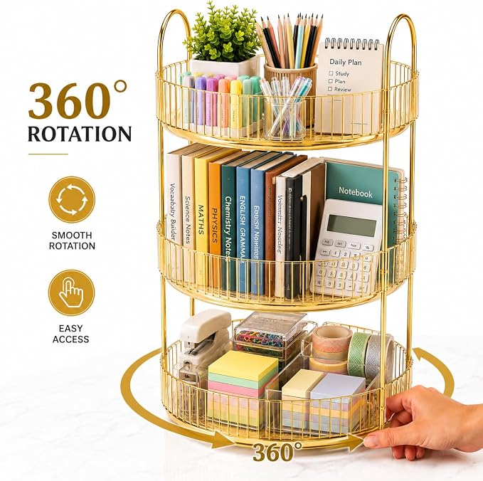360° Rotating Organizer, Lazy Susan Bathroom Counter Organizer for Perfume, Skincare, Makeup & Cosmetic Storage, Vanity Countertop Organizer, Gold, 3-Tier - Image 2