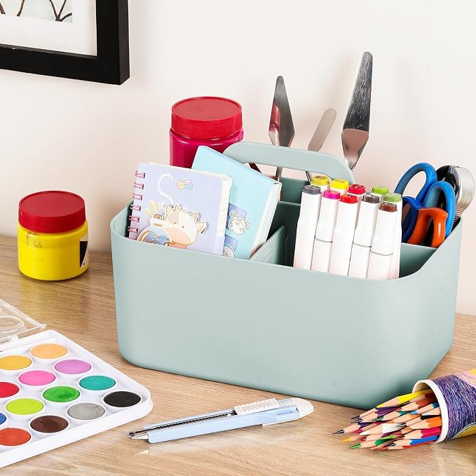 Multiuse Caddy Organizer with Handle, Portable Divided Plastic Tote Bin - Art Craft, Stationary Pen Marker Crayons, Makeup Hair Supplies Storage - Bathroom, Classroom, Dorm, Office, Desk Holder - Mint - Image 4
