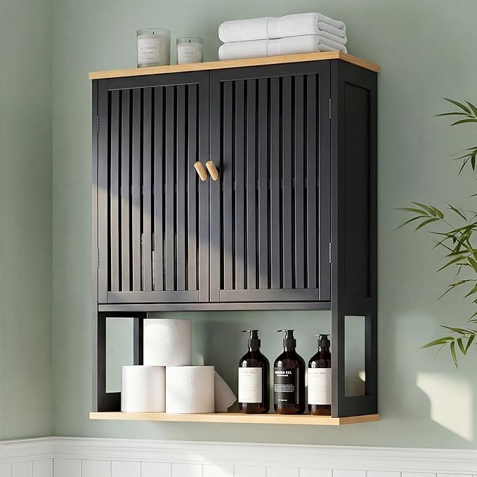 Bathroom Wall Cabinet with Bamboo Doors, 24 x 30 Inch, Black by OONNEE
