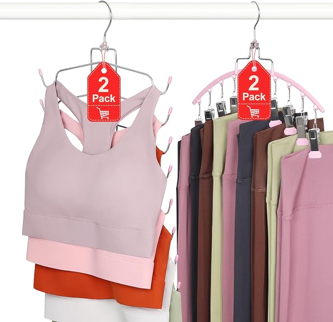 TOPIA HANGER 4 Pack Gym Clothes Organizer, 2 Pack Tank Top Hangers with 2 Pack Leggings Hangers Space Saving Hang 20 Sets Tank Top Bra with Leggings Shorts Pants for Closet Women Pink CT78P by TOPIAHANGER