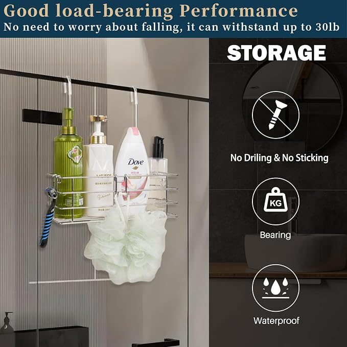 1-Tier Shower Caddy Hanging Shower Organizer Rack with Hooks Over The Door - Image 2