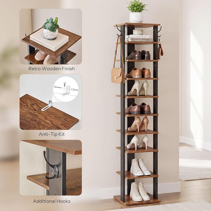 HOOBRO 10 Tiers Vertical Shoe Rack, Wooden Shoe Storage Organizer with Hooks, Narrow Shoe Tower for 10 Pairs, Space Saving, for Entryway, Living Room, Bedroom, Rustic Brown BF141XJ01 - Image 7