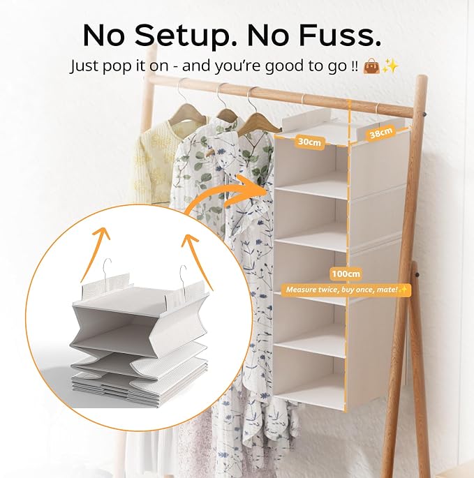 ALLTIDYUP Extra Deep Hanging Closet Organizers and Storage, 5-Tier Closet Hanging Organizer with 4 Mesh Pockets, Heavy-Duty Closet Shelves for Clothes and Hats, Ideal for Dorms and RVs, 1-Pack, White - Image 4