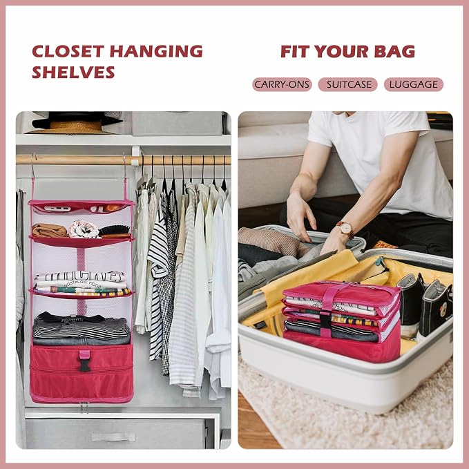 Surblue Hanging 3-Shelf Closet Organizer Pocket Collapsible Washable Oxford Fabric with 2 Hooks (L 11.41 * 11.41 * 19.68in, Rose) - Image 2