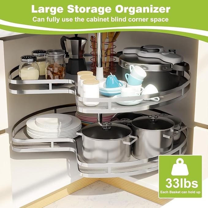 Blind Corner Cabinet Kidney Lazy Susan, Soft Close Rotary Cabinet Organizer 32inch, Corner Cabinet Lazy Susan for Blind Shelf, Adjustable Height, 2 Tiers Tray - Image 5
