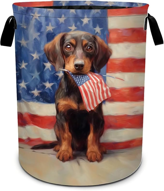 4th of July Flag Dog Laundry Basket Foldable Oxford Laundry Hamper With Handle For Room Bathroom Bedroom by Yopiiefa