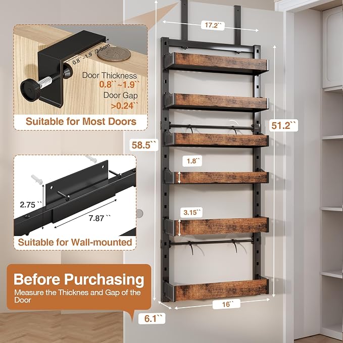 6-Tier Over The Door Pantry Organizer, Heavy-Duty Metal Wall Mount or Hanging Spice Rack, behind the door storage Shelves with Adjustable Basket, Back of Door Organizer for Kitchen Cabinet and Closet - Image 2